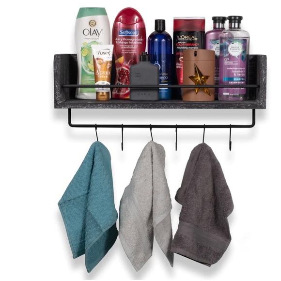 Rustic State Wall Mount Floating Wall Shelf with Rail and Hooks - Picture 6 of 7